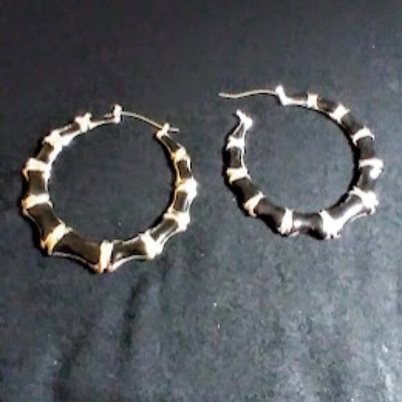 Medium size bamboo section earrings Black & Silver Retro Hip Hop Style - Picture 9 of 11